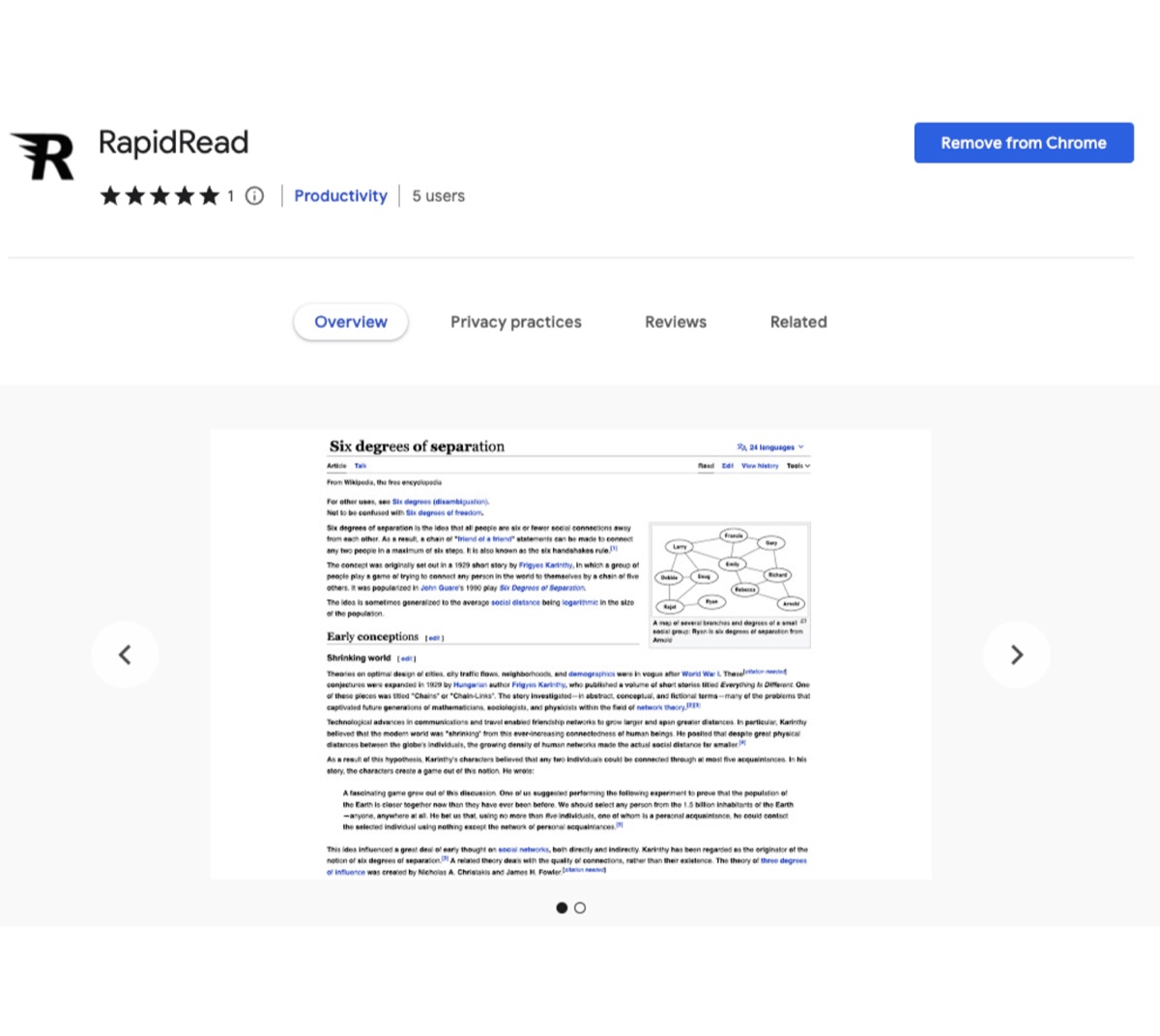 RapidRead listing on the Chrome Web Store